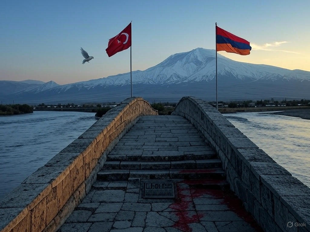 Граница Турции и Армении с флагами обеих стран и видом на заснеженные горы.