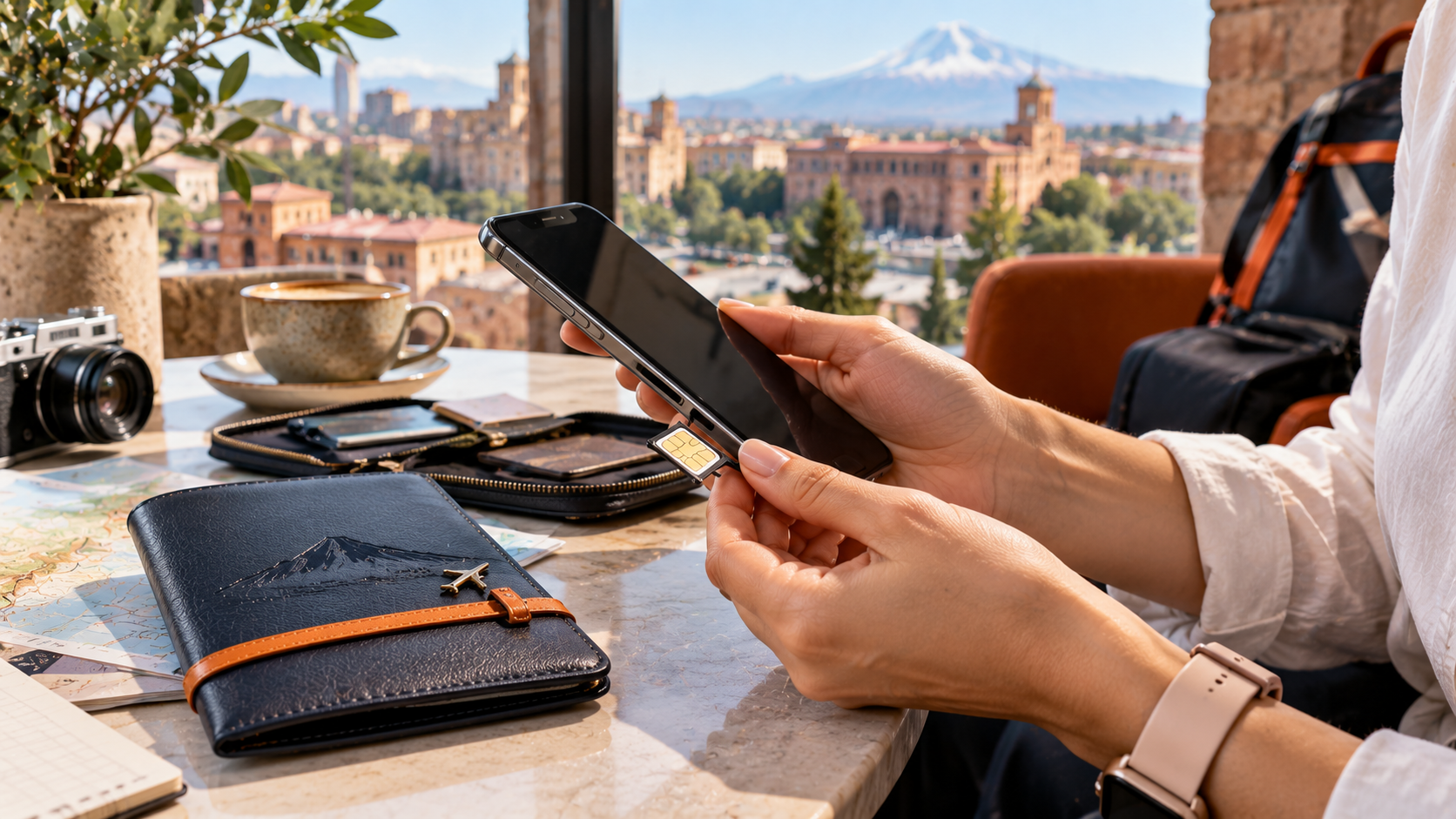 Установка SIM-карты в смартфон во время поездки по Армении